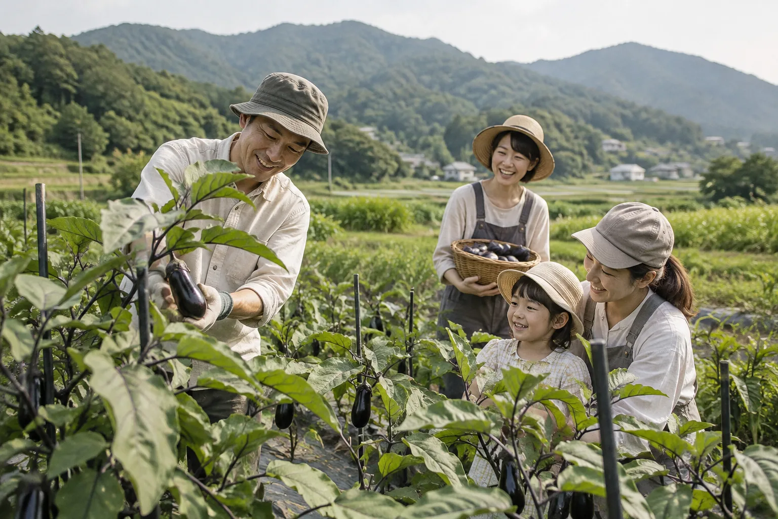 家族と仲間でナスの収穫を楽しむ、生成した企画イメージ