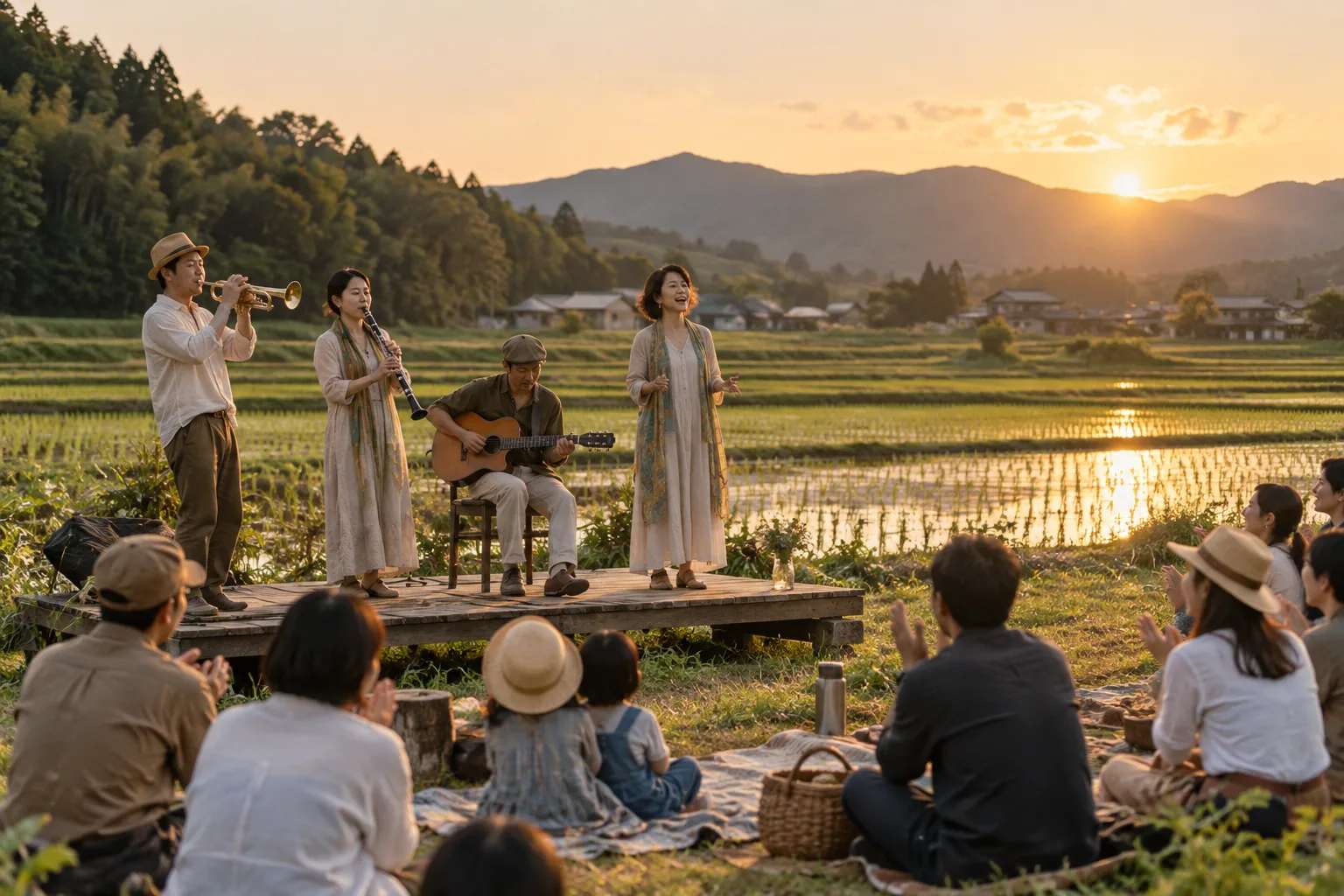 田んぼのそばで吹奏楽や歌を楽しむ音楽会の生成イメージ